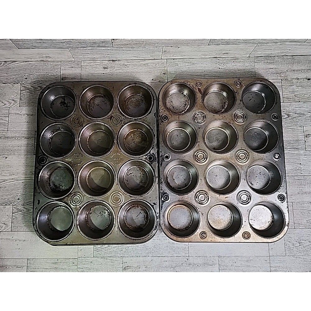 2 Vintage Bake King Tin Metal 12 Cup Muffin Cupcake Pan 14" Bakeware